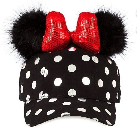 Disney Women’s Minnie Mouse Polka Dot Pom Pom Baseball Cap Adult Size Sequins - Picture 1 of 6